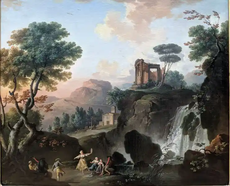 Landscape painting, a detailed and idealized depiction of The Temple of Vesta in Tivoli, located in Bode Museum.